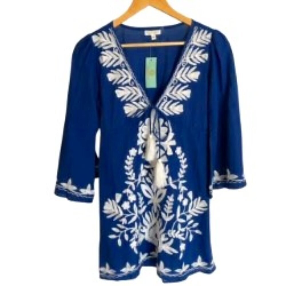 NWT Debbie Katz Sharon Blue Embroidered Beach Coverup/Dress XSmall
